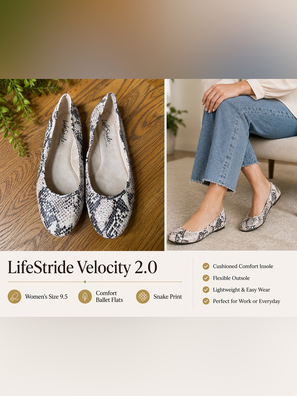 LifeStride Velocity 2.0 Snake Print Ballet Flats Women’s Size 9.5 Comfort